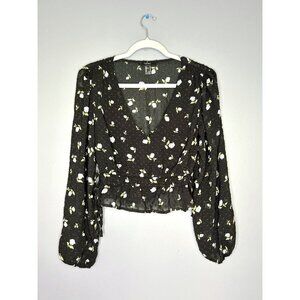 Forever 21 Blouse Womens M Black Floral Balloon Sleeve Sheer Peplum Top Boho
